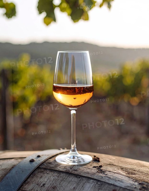 A glass of 10-year-old tawny wine placed on a barrel in a vineyard restaurant, vineyard landscape in blurred background, AI generated