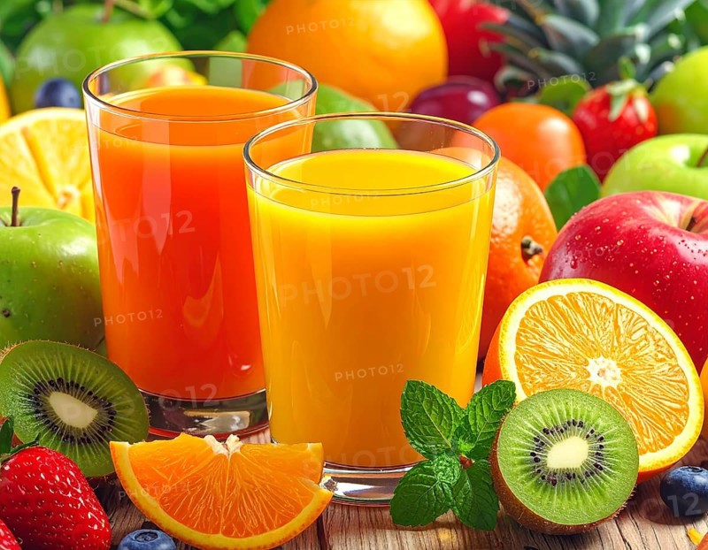 Fresh fruit juices in glasses, surrounded by colorful fruits, showcasing healthy drinking and eating, fitness and wellness lifestyle, AI generated