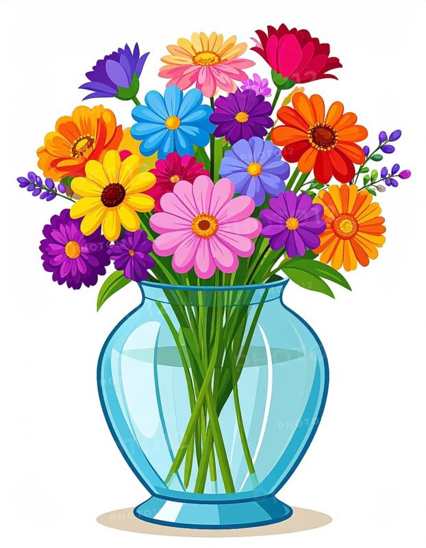 Crystal glass vase with vibrant blooming flowers, vibrant vector drawing illustration for fresh spring background, AI generated