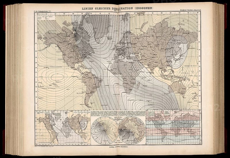 Atlas of Geomagnetism showing lines of magnetic declination, isogonic lines or isogonic chart, for the epoch 1885, designed by Georg Balthazar von Neumayer, German polar explorer, geographer and geophysicist