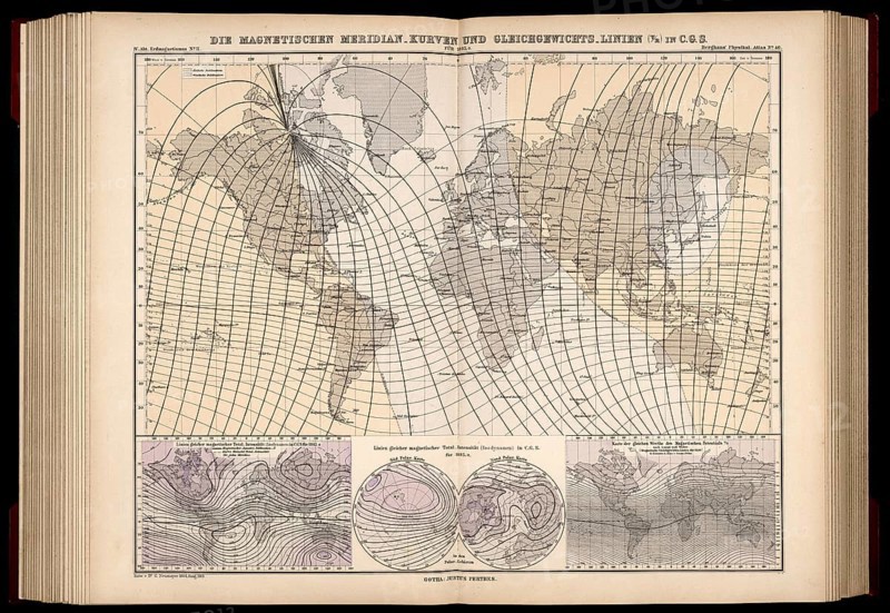 Atlas of Geomagnetism showing magnetic meridian curves and equilibrium lines, convergence of meridians plus magnetic declination, for the epoch 1885, designed by Georg Balthazar von Neumayer, German polar explorer, geographer and geophysicist