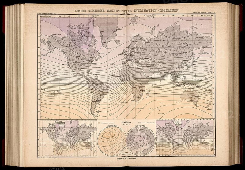 Atlas of Geomagnetism showing magnetic Isoclinic lines or aclinic lines, for the epoch 1885, designed by Georg Balthazar von Neumayer, German polar explorer, geographer and geophysicist