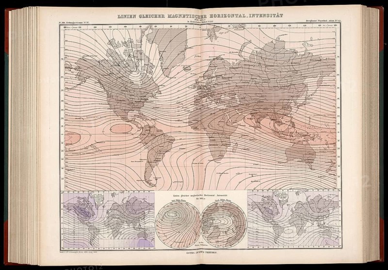 Atlas of Geomagnetism showing horizontal intensity of the Earth's magnetic field for the epoch 1885, designed by Georg Balthazar von Neumayer, German polar explorer, geographer and geophysicist