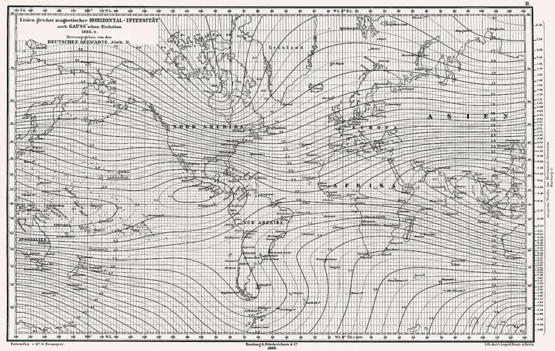 Atlas of Geomagnetism showing horizontal intensity of the Earth's magnetic field for the epoch 1885, measured in Gauss units, published by German Maritime Observatory, deutsche Seewarte, 1889, designed by Georg Balthazar von Neumayer, German polar explorer, geographer and geophysicist