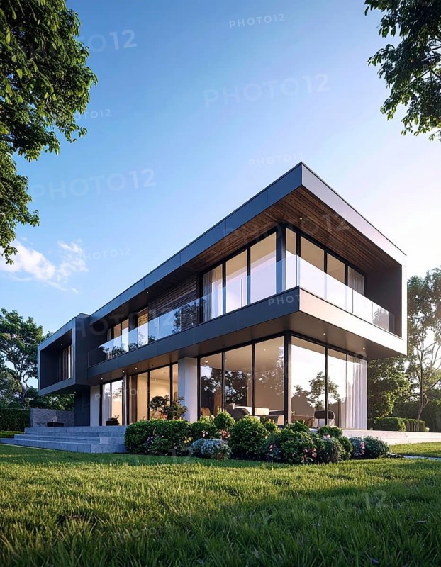 Modern residential house with green garden, simple geometric architecture, clear blue sky in the evening sunset, symbol for a real estate lifestyle, AI generated