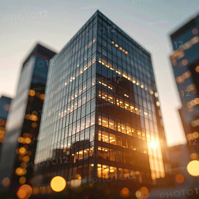 Modern building reflecting sunset light at dusk. Abstract Futuristic Business Background, AI generated