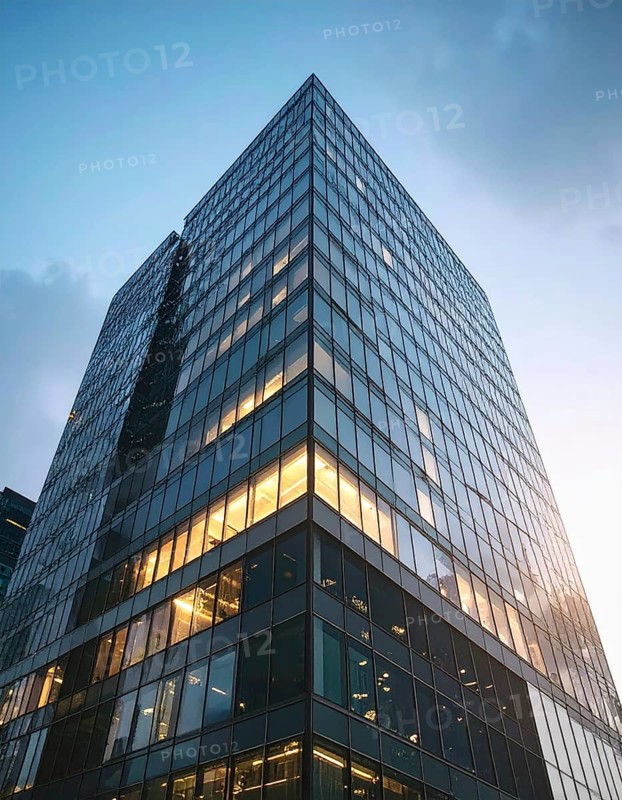 Modern building reflecting sunset light at dusk. Abstract Futuristic Business Background, AI generated