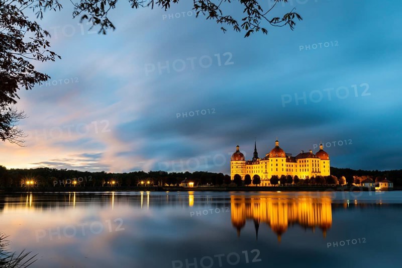 Moritzburg Castle in the blue hour, castle pond, reflection, sunset, Moritzburg, Saxony, Germany