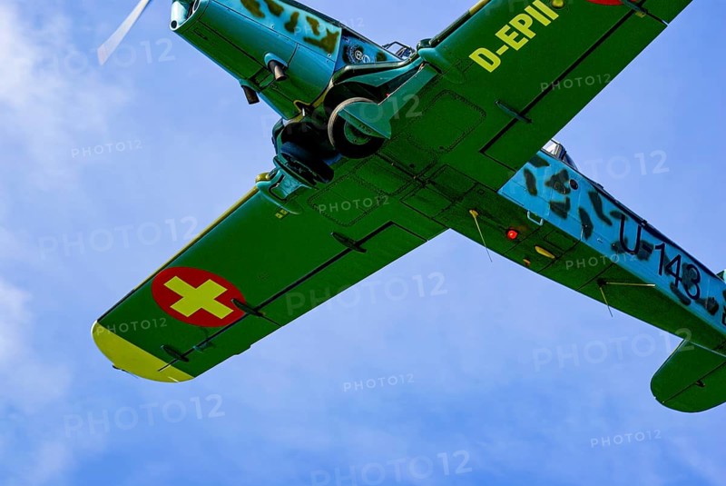 A Pilatus P-2 of Pilatus Flugzeugwerke AG with the registration D-EPII during a flight demonstration as part of an air show at the Rossfeld in Metzingen-Glems, Baden-Württemberg, Germany, for editorial use only