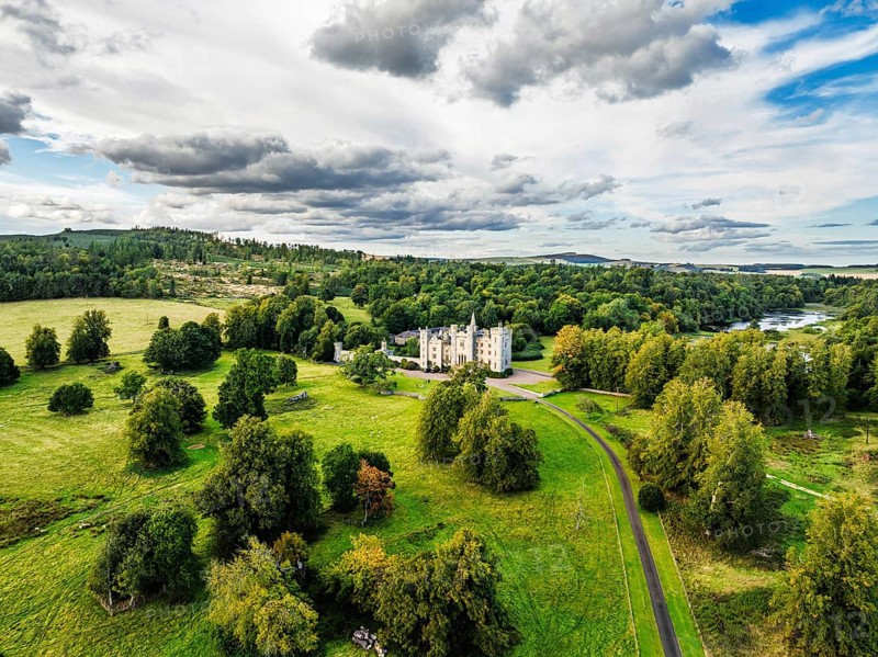 Duns Castle Estate and garden from a dron, Duns, Berwickshire, Scotland, UK