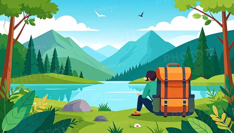 Traveling and hiking in mountain landscape, abstract vector illustration, AI generated image