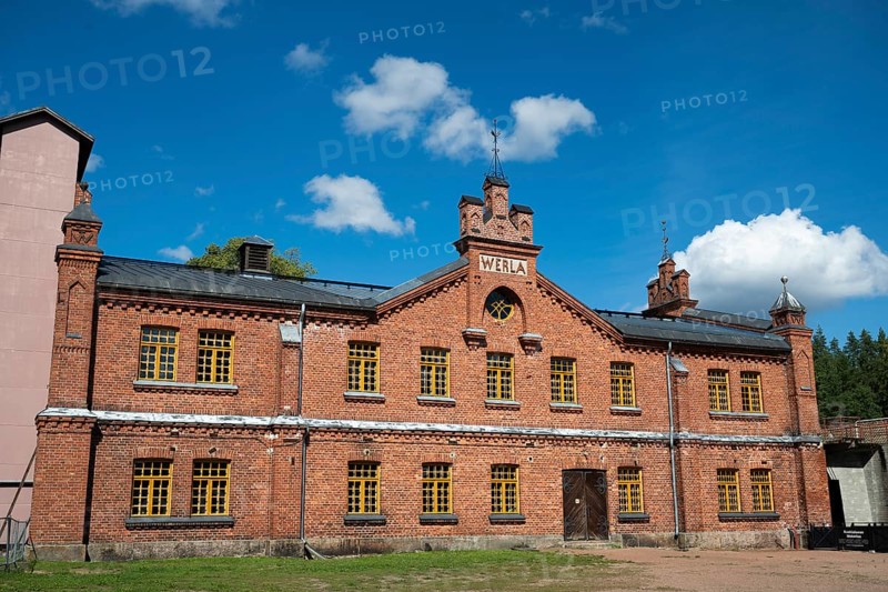 Brick façade with inscription Werla, former paper factory and mill for the production of groundwood pulp board, UNESCO World Heritage Site Factory Village Verla, Maailmanperintökohde Verlan puuhiomo ja pahvitehdas, Verla Rapids, Kymenlaakso, near Kouvola, Finland