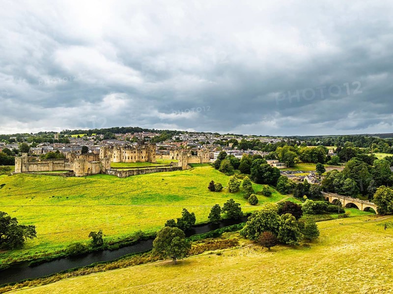 Alnwick Castle from a drone, Alnwick, Northumberland, England, United Kingdom