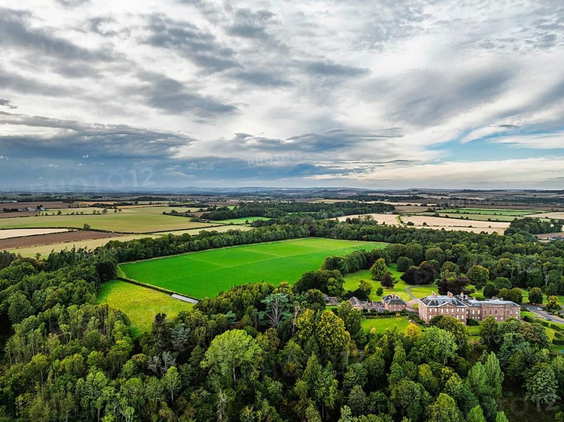Paxton House over River Tweed from a drone, Paxton, Berwick-upon-Tweed, Berwickshire, Scotland, UK
