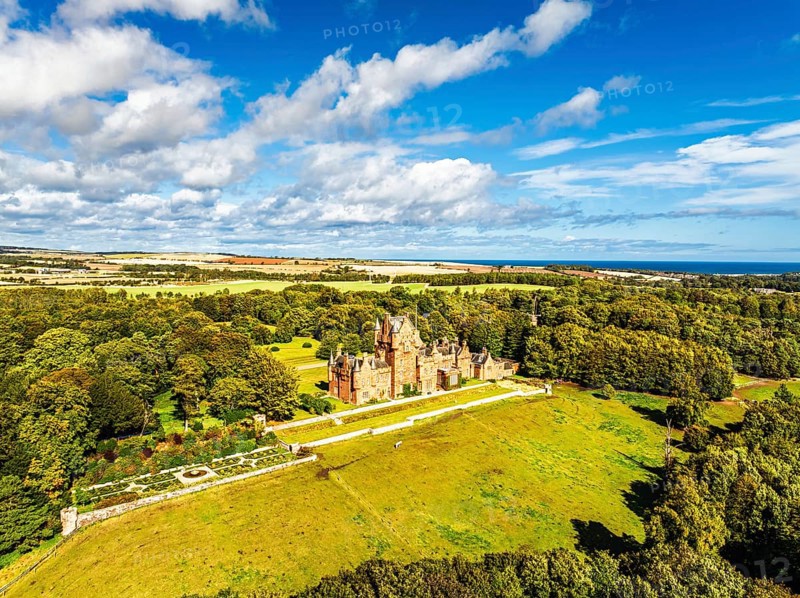 Ayton Castle from a drone, Ayton, Eyemouth, Scottish Borders, Scotland, UK