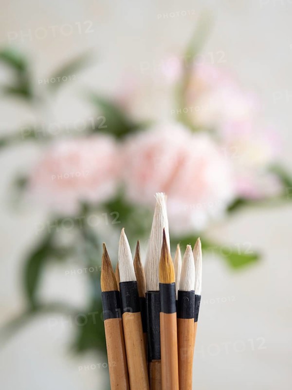 Close-up of chinese calligraphy brushes with pink carnations blurred in the background, creating a tranquil artistic scene