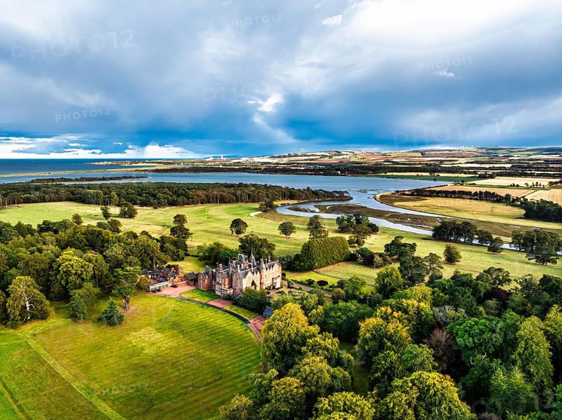 Tyninghame House over River Tyne from a drone, East Lothian, Scotland, UK