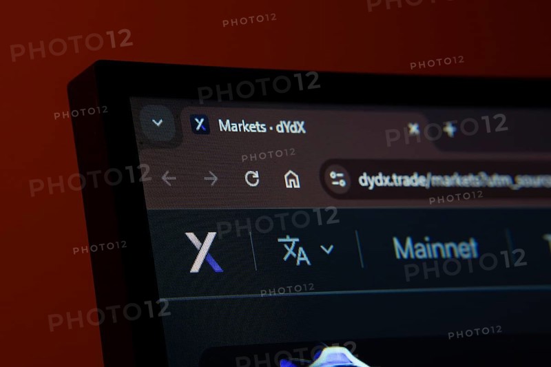 Dhaka, Bangladesh- 03 Oct 2025: Close-up of a computer screen displaying the Dydx web interface in dark mode