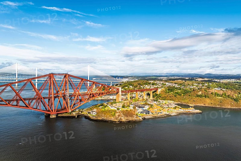 Forth Bridge from a drone, Queensferry Crossing, Forth Estuary, Scotland, United Kingdom