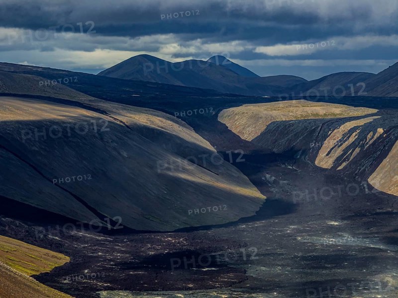 Lava, lava field, summer, cloudy, sunny, aerial view, Fagradalsfjall, Reykjanes, Iceland