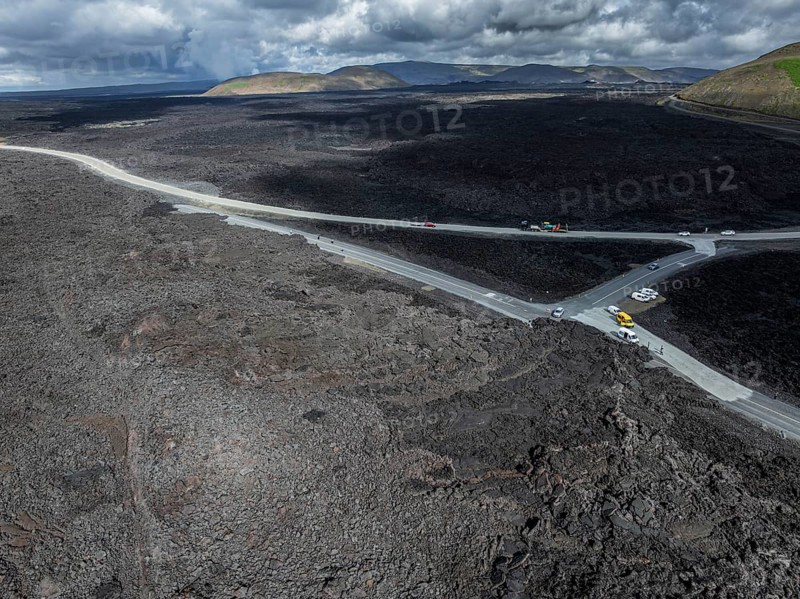 Lava, lava field, road, destroyed, summer, cloudy, sunny, aerial view, Blue Lagoon, Sundhnúkur crater series, Fagradalsfjall, Reykjanes, Iceland