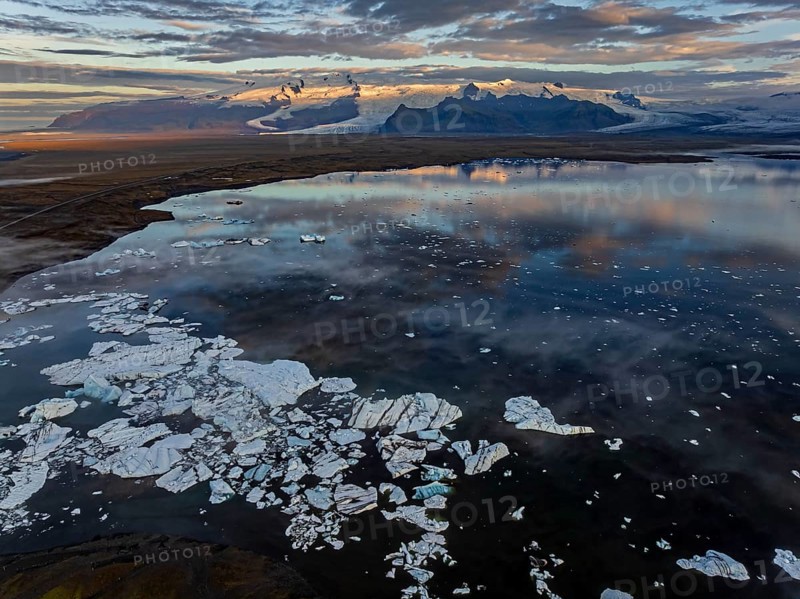 Ice floes, glacier, glacier tongue, fog, clouds, morning mood, mountains, reflection, aerial view, summer, glacier lagoon, Jökulsarlon, Vatnajökull, Iceland