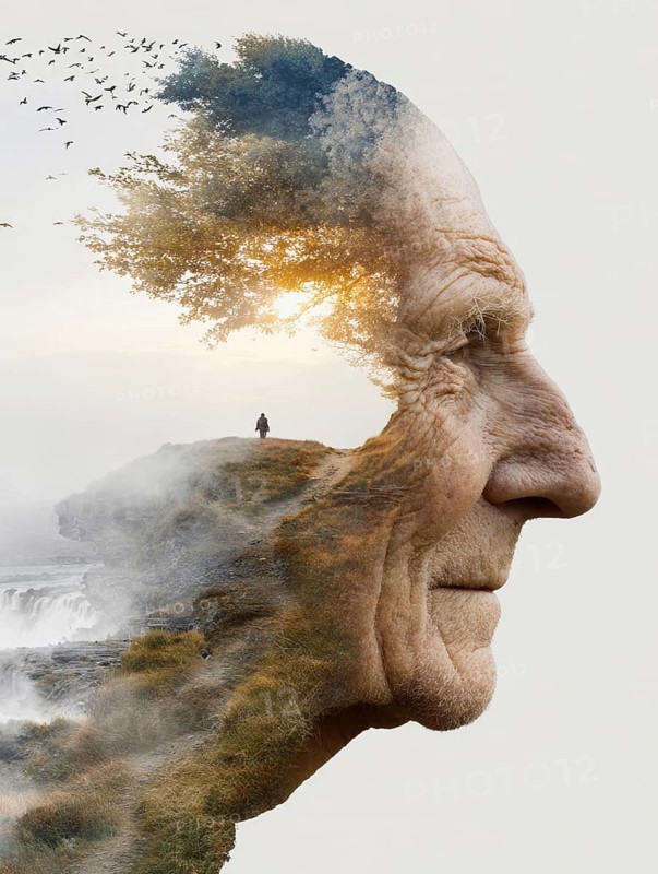 Double exposure of an elderly man and decaying parts of a landscape, symbolic image for memory loss, loss of identity, dementia, Alzheimer's, thoughtfulness, mental health, loss, ageing, fragility, old age depression, depression, AI generated