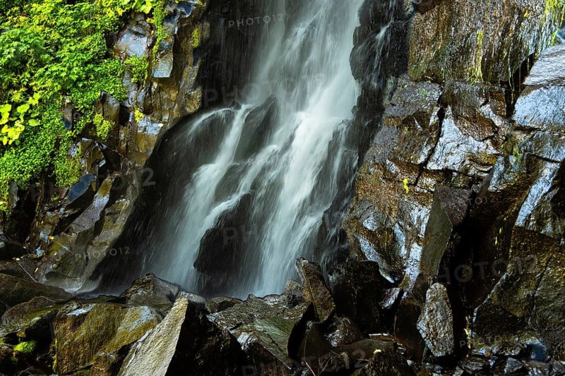 Vaucoux waterfall cascades gracefully over dark rocks, surrounded by lush greenery, Auvergne Volcanoes Regional Park, Puy de Dome., Auvergne-Rhone-Alpes, France