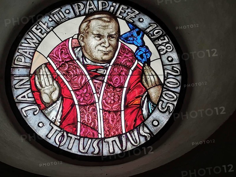 Religious motif, Pope John Paul 2 in a stained glass window in a small Polish village on the Vistula, with a detailed depiction, Poland