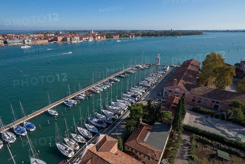 View of the marina and monastery garden from the church of San Giorgio Maggiore, Venice, Veneto, Italy
