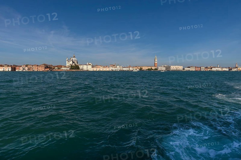 View of Venice with Santa Marial della Salute and St Mark's Tower, Venice Lagoon in front, Venice, Veneto, Italy