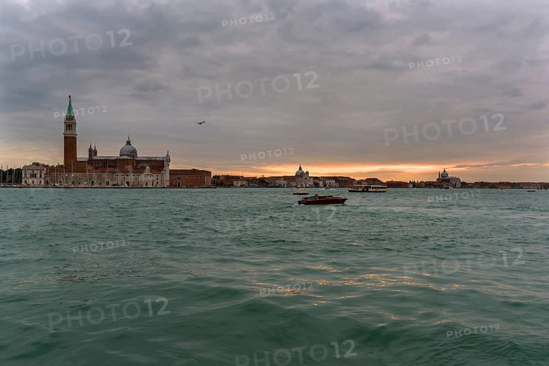 View of the island of San Giorgio Maggiore from Venice at dusk, Venice Lagoon in front, Venice, Veneto, Italy