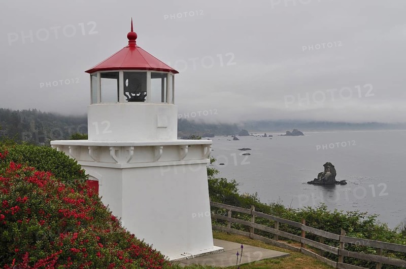 White lighthouse with red roof on foggy coast, rocks in water surrounded by green vegetation, Redwood National Park, California, USA