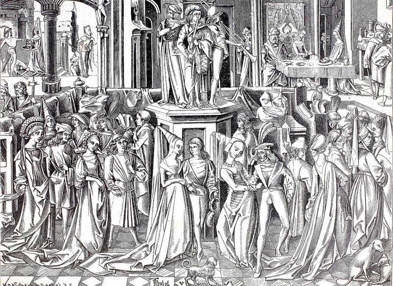 City life in the 15th century, patrician dance festival, after a copper engraving by Israel by Rieckenen, authentic, digitally restored reproduction from a model from the 19th century, exact date of depiction unknown, historical