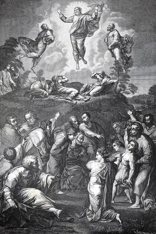 The Transfiguration of Christ on Mount Tabor, authentic, digitally restored reproduction from a 19th century model, exact date of depiction unknown, historical, biblical depiction with Jesus ascending to heaven, observed by his disciples