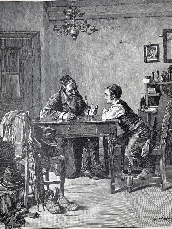 Arithmetic lessons at home, father gives son tutoring in mathematics at the kitchen table, 1891, Germany, authentic, digitally restored reproduction from a 19th century model, exact date of presentation unknown, Historical, A man and a boy sit at a table in a cozy room and have a conversation