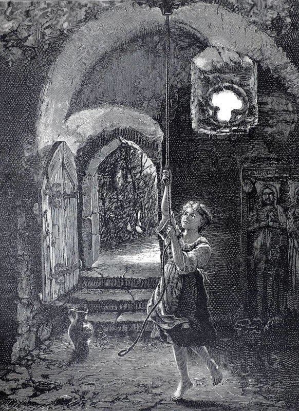 To ring prayer, girl pulls a bell rope to ring, 1890, authentic, digitally restored reproduction from a 19th century model, exact date of depiction unknown, historical, A child pulls a rope of a bell in a stone chamber with shadow and light effects