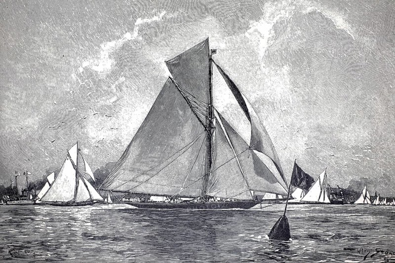 The imperial yacht Meteor in the port of Kiel, first of a series of imperial racing yachts by Wilhelm II, authentic, digitally restored reproduction from a 19th century model, exact date of depiction unknown, historical, sailboats on the sea sailing under cloudy skies