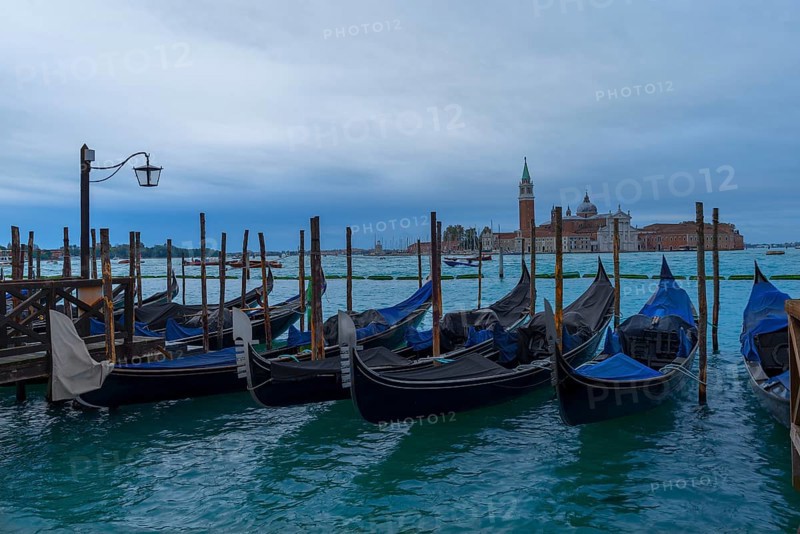 Anchorage for gondolas, at the back the island of San Giorgio Maggiore, Venice, Veneto, Italy