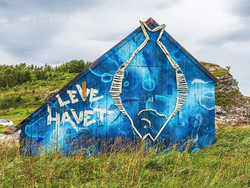 Painted colorful boathouse, text 'live the sea', island Kvaloya, Norway