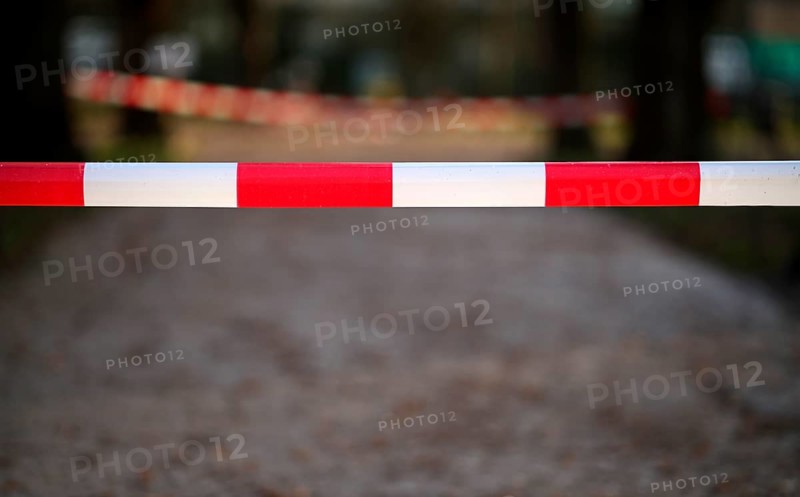 Banderole, barrier tape, red-white, blocked path, access to Tatort, Stuttgart, Baden-Württemberg, Germany