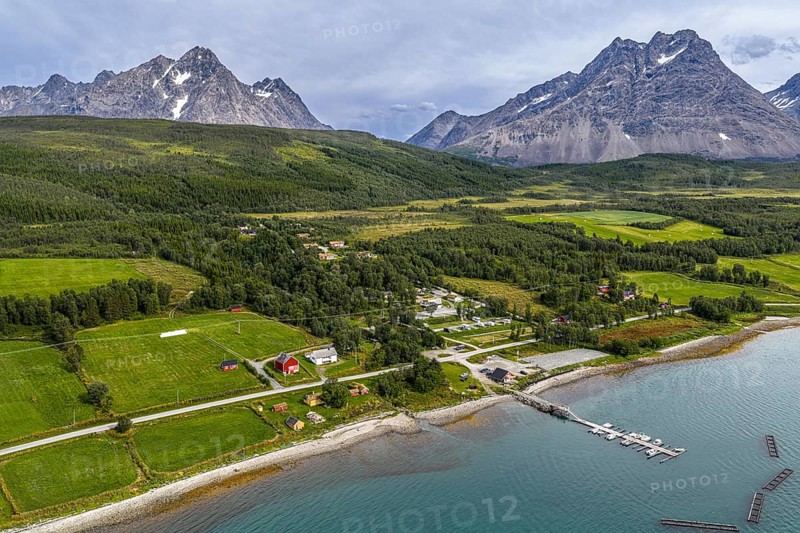 Campsite at Svensby, Lyngen peninsula, Lyngen Alps, aerial view, Norway