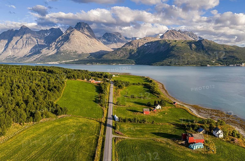 Aerial view over Lyngen Alps south of Svensby, Lyngen peninsula, Norway