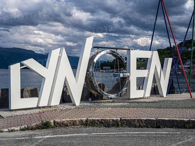 Letter sculpture with the name of the village of Lyngen, Lyngen Alps, Norway
