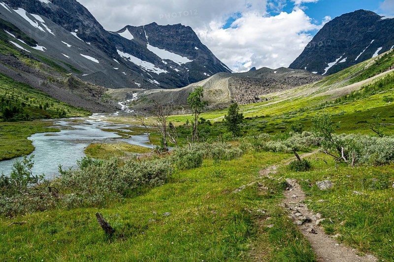 Hiking path to glacier Steindalsbreen, path onto the glacial moraine, Lyngen Alps, Norway