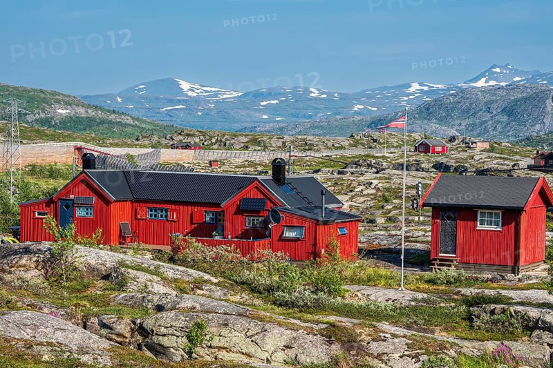 Typical norwegian holiday hut, near Bjørnfjell railway station, at railway line Kiruna-Narvik, Norway