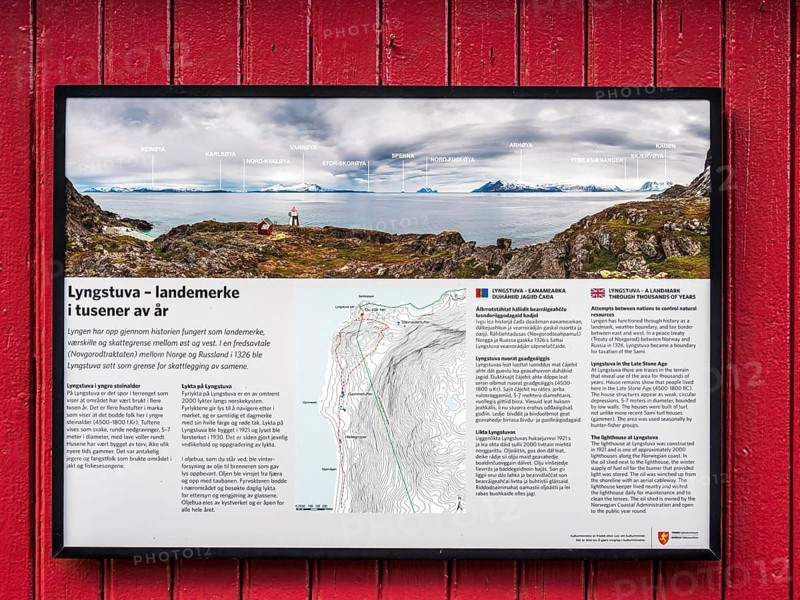 Lyngstuva lighthouse, explanatory board, at northernmost point of Lyngen peninsula, Lyngen, Norway
