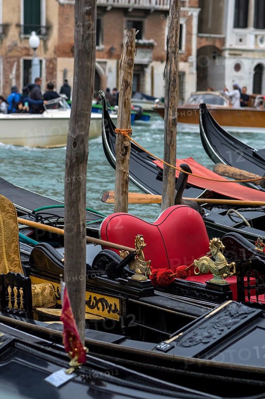 Mytological brass horse figures decorate gondolas, Venice, Veneto, Italy