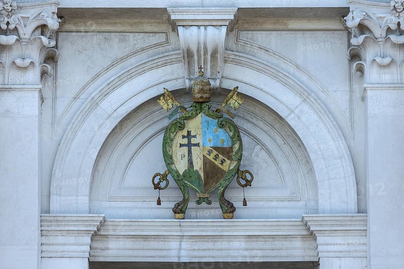 Ecclesiastical coat of arms at the church of San Giorgio Maggiore, Venice, Veneto, Italy