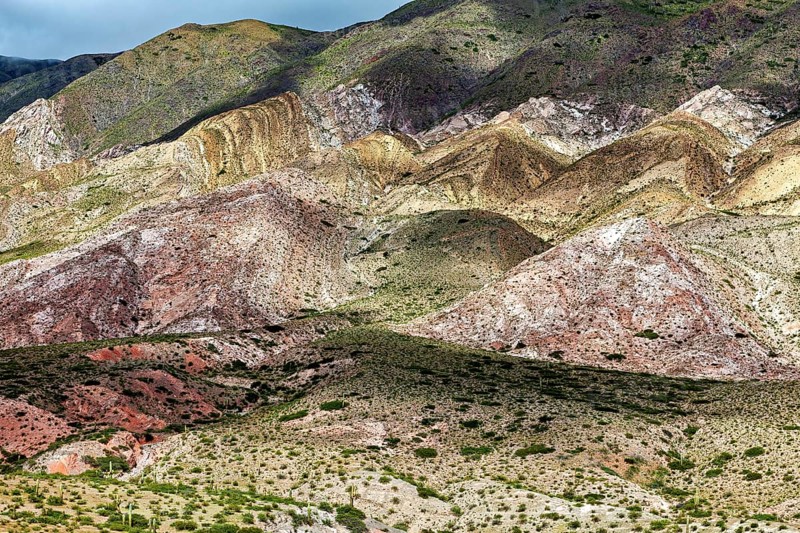 A fascinating view of mountains with diverse colors and lush vegetation, the landscape and colorful rock formations of the Quebrada de Cafayate near Salta in Argentina